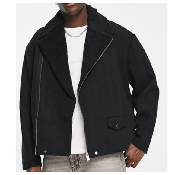 Asos Mens Jacket Coat Moto Full Zip Quilted Black Size Medium Wool Blend NWT - Picture 1 of 9